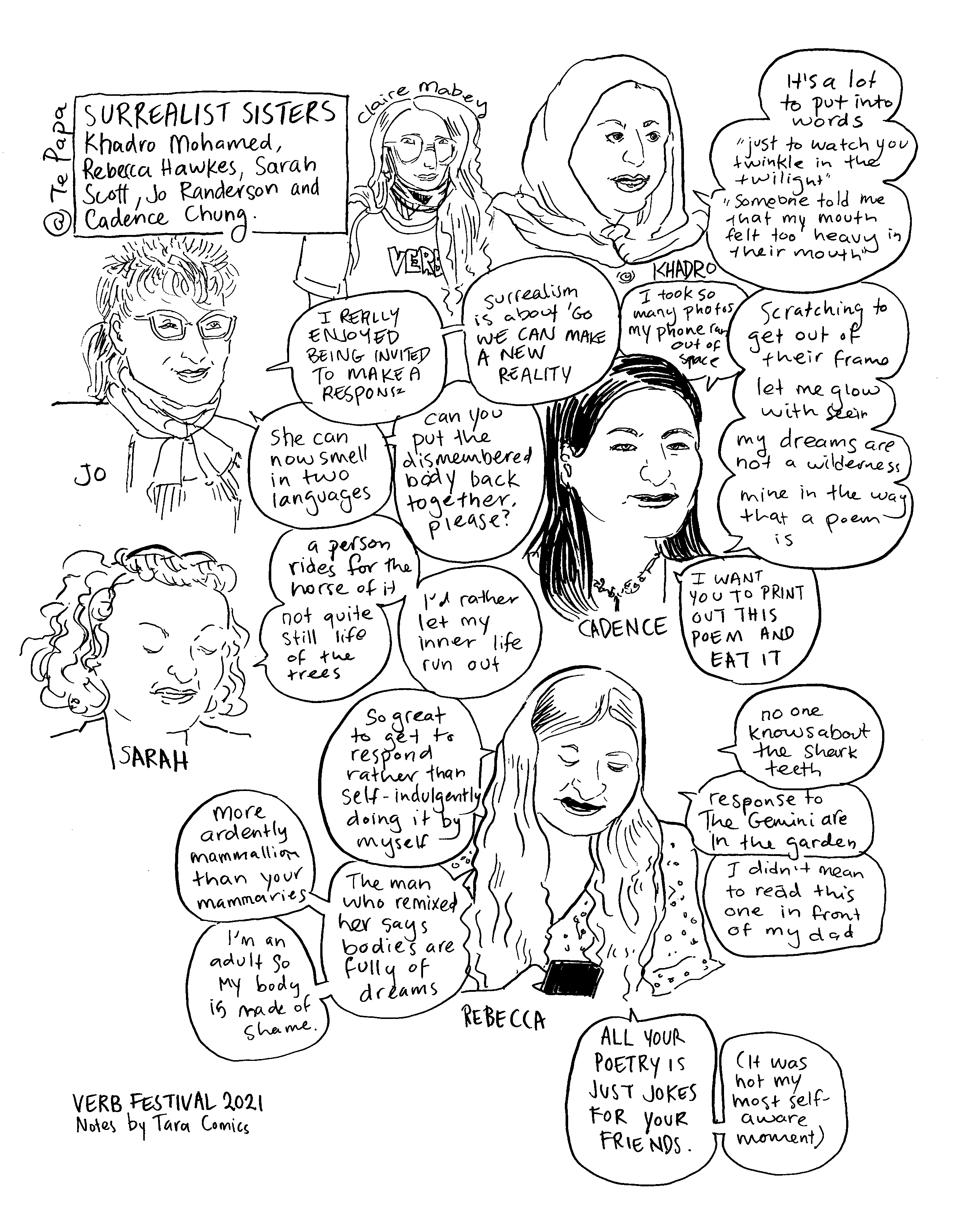 Comic-style drawing documenting an event with portraits of the speakers and speech bubbles with quotes.