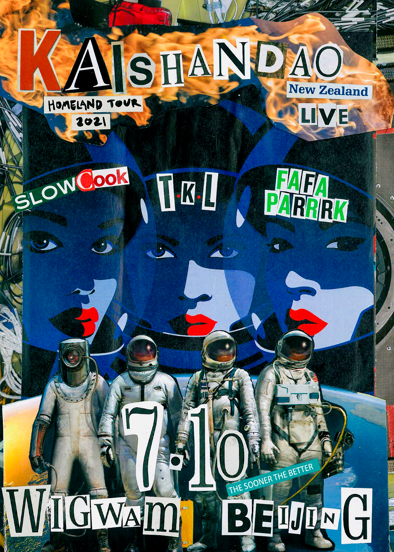 Poster advertising a gig by Kaishando in Beijing, made in a collage style using cut out letters