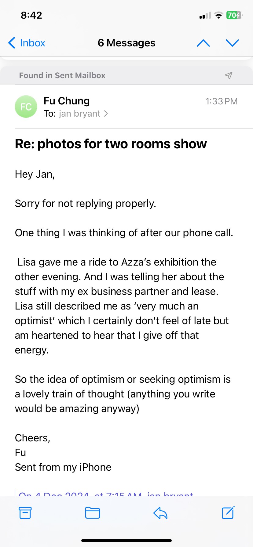 A smartphone screenshot of an email from the artist. 