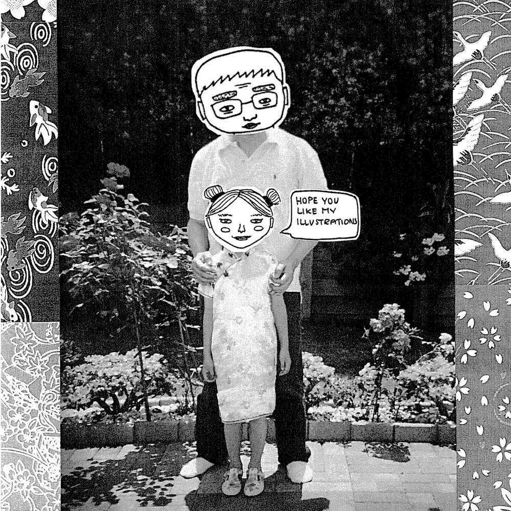 A black and white photograph of a father and daughter with their faces pasted over with illustrated cartoons of their faces. 