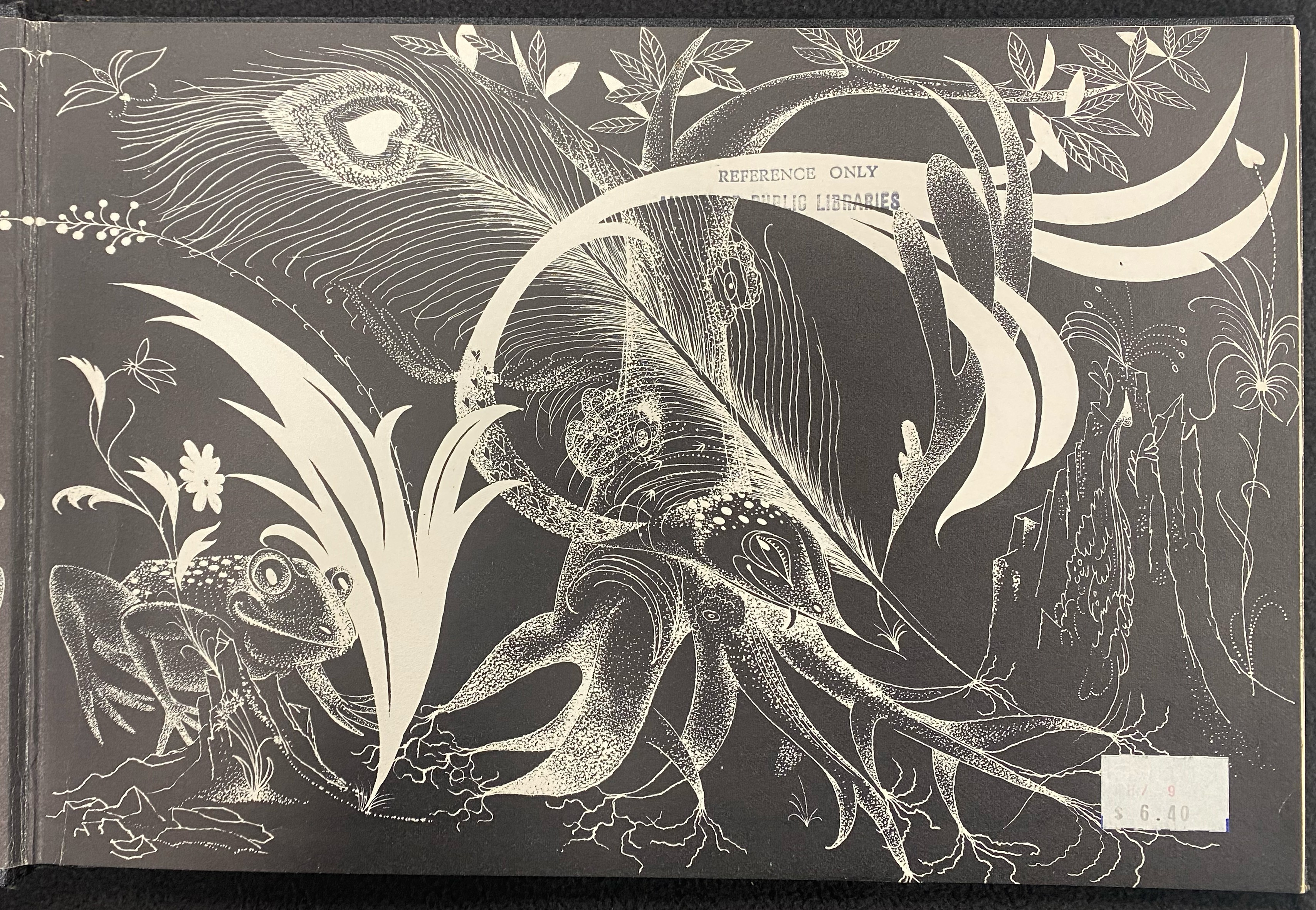 Black-and-white illustration of a flora, a frog, and a peacock feather