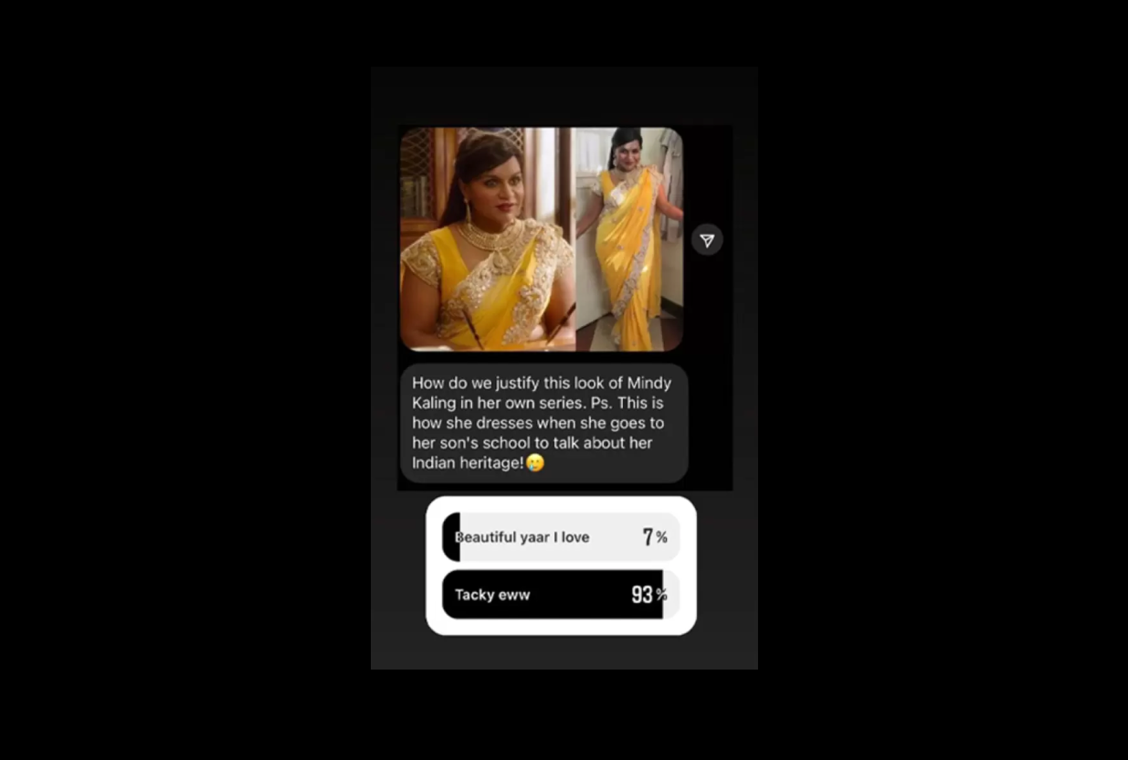 Screenshot of an Instagram story with a photo of Mindy Kaling in a sari, and a poll asking people if they think it's tacky.