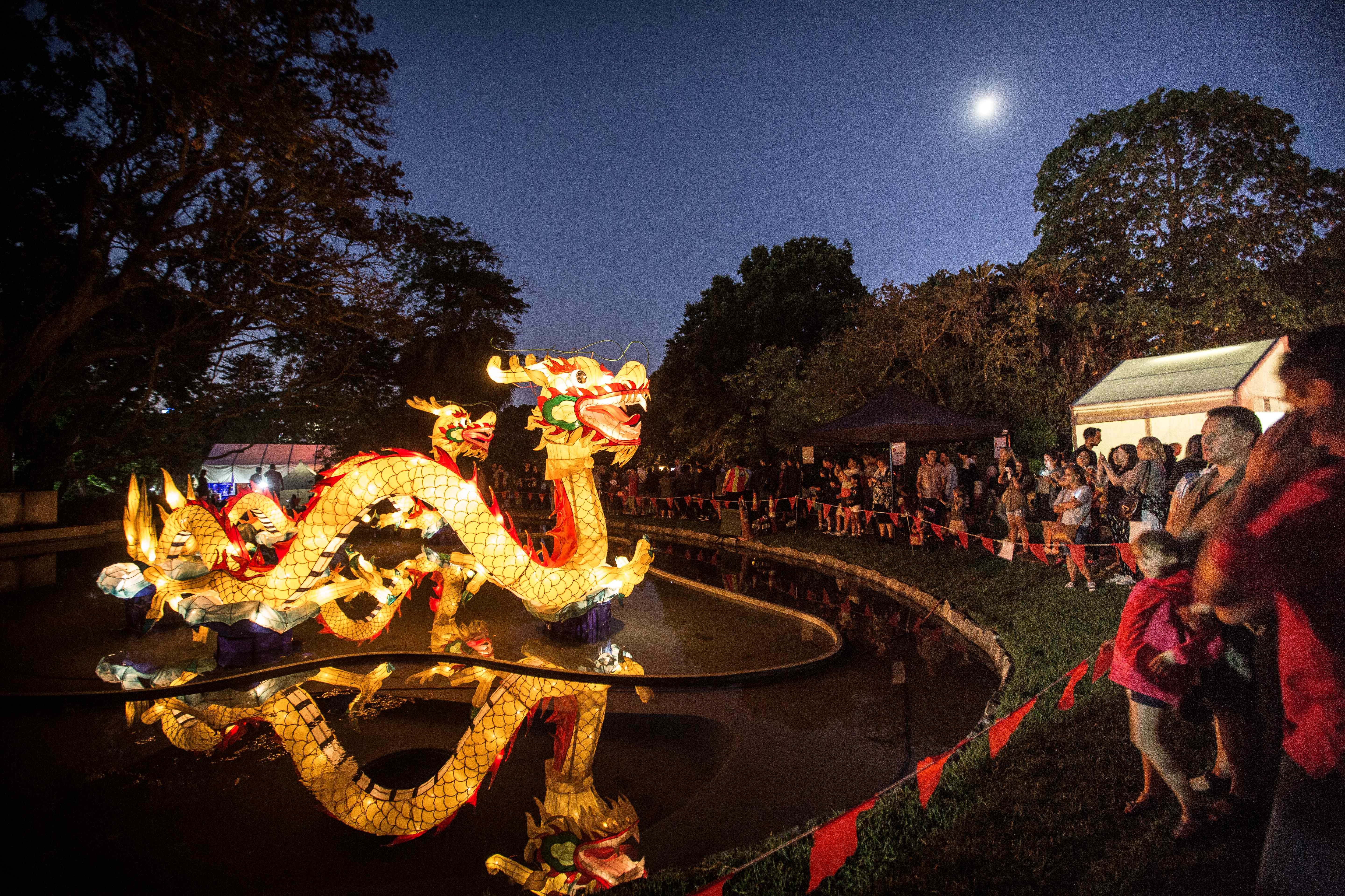 Dragon sculptures with lights in a park with people gathering around