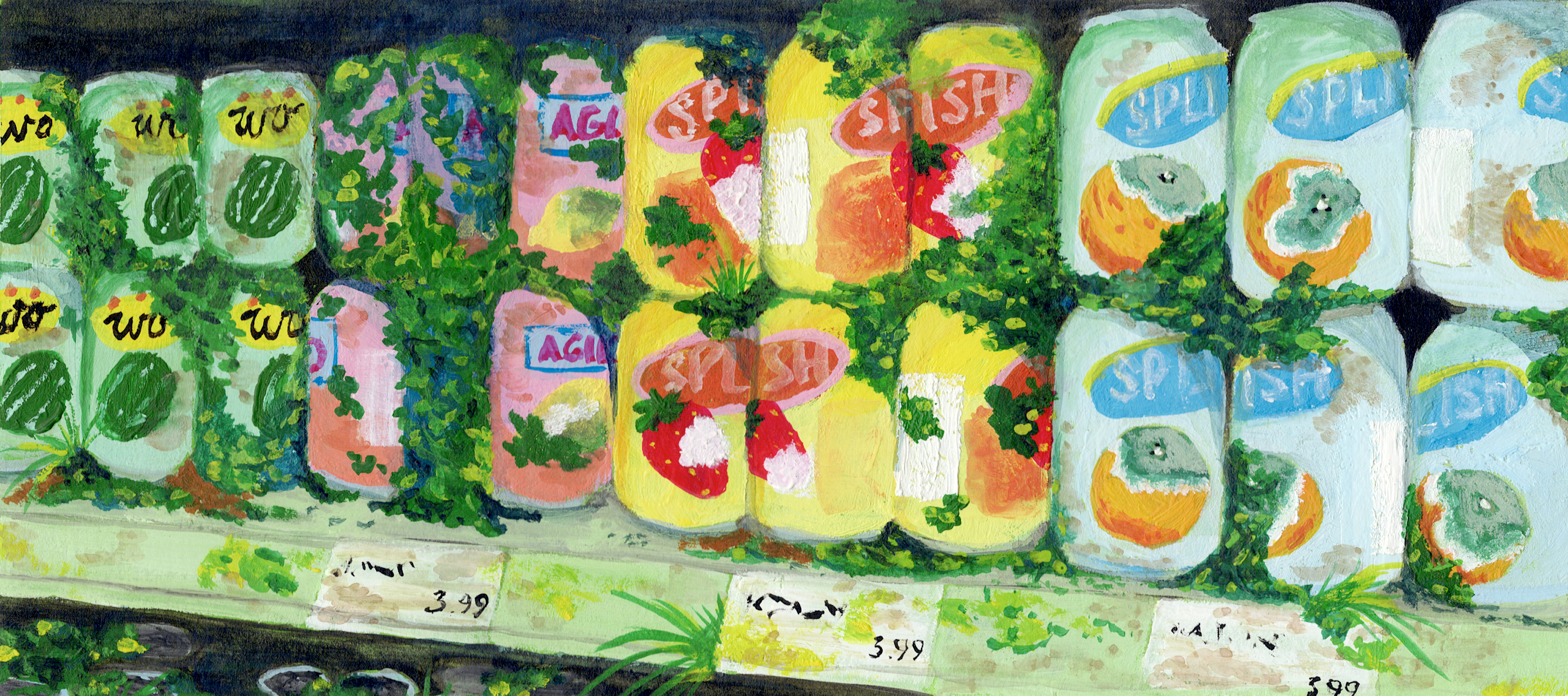Colourful painting of shelves of fruit drink in an overgrown supermarket.