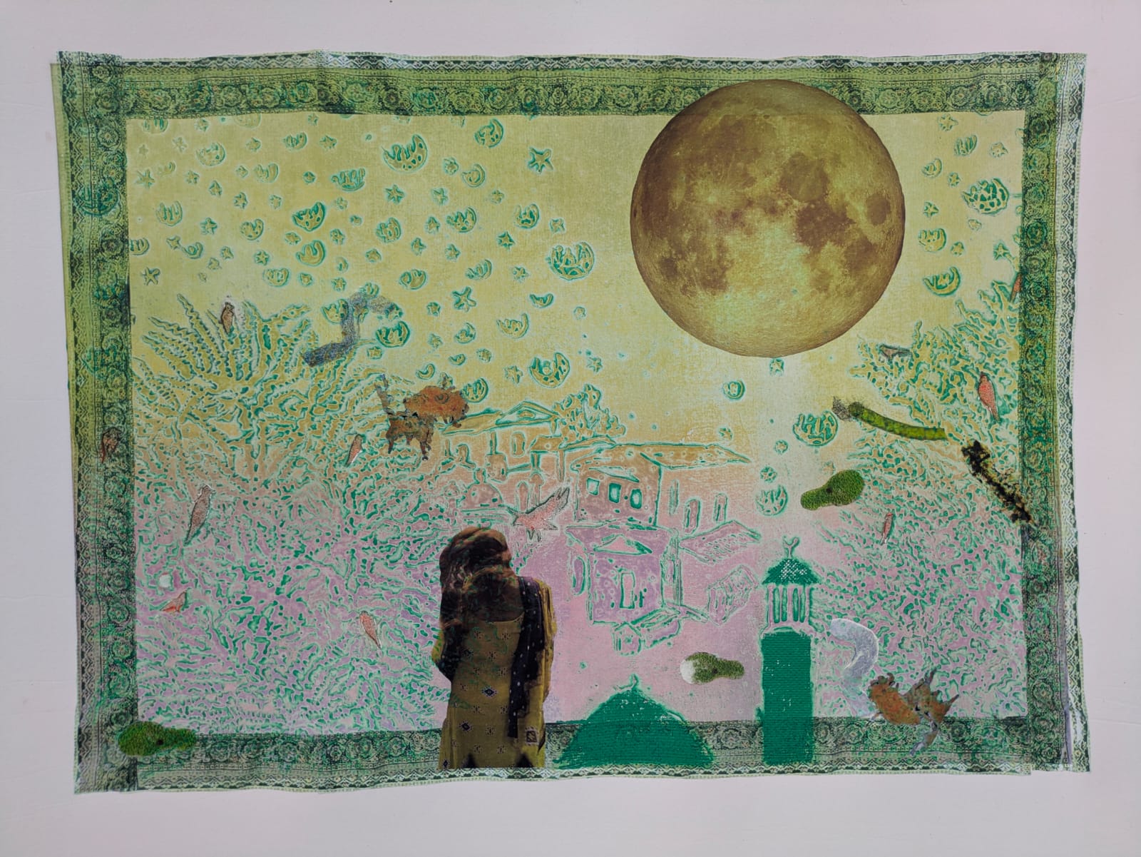 collage featuring a fabric pattern, trees, buildings and a moon