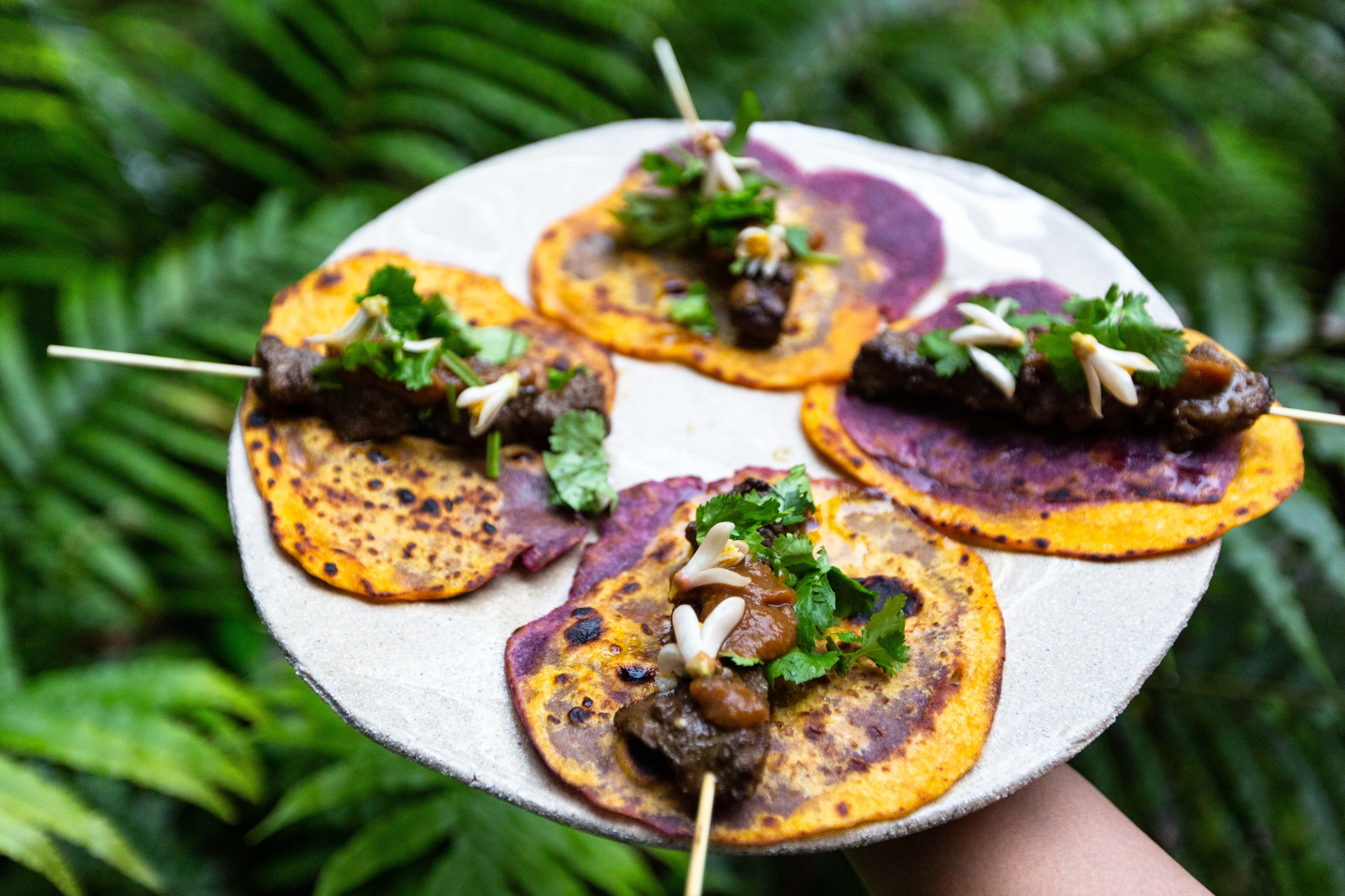 A plate of corn tortilla with skewers on top