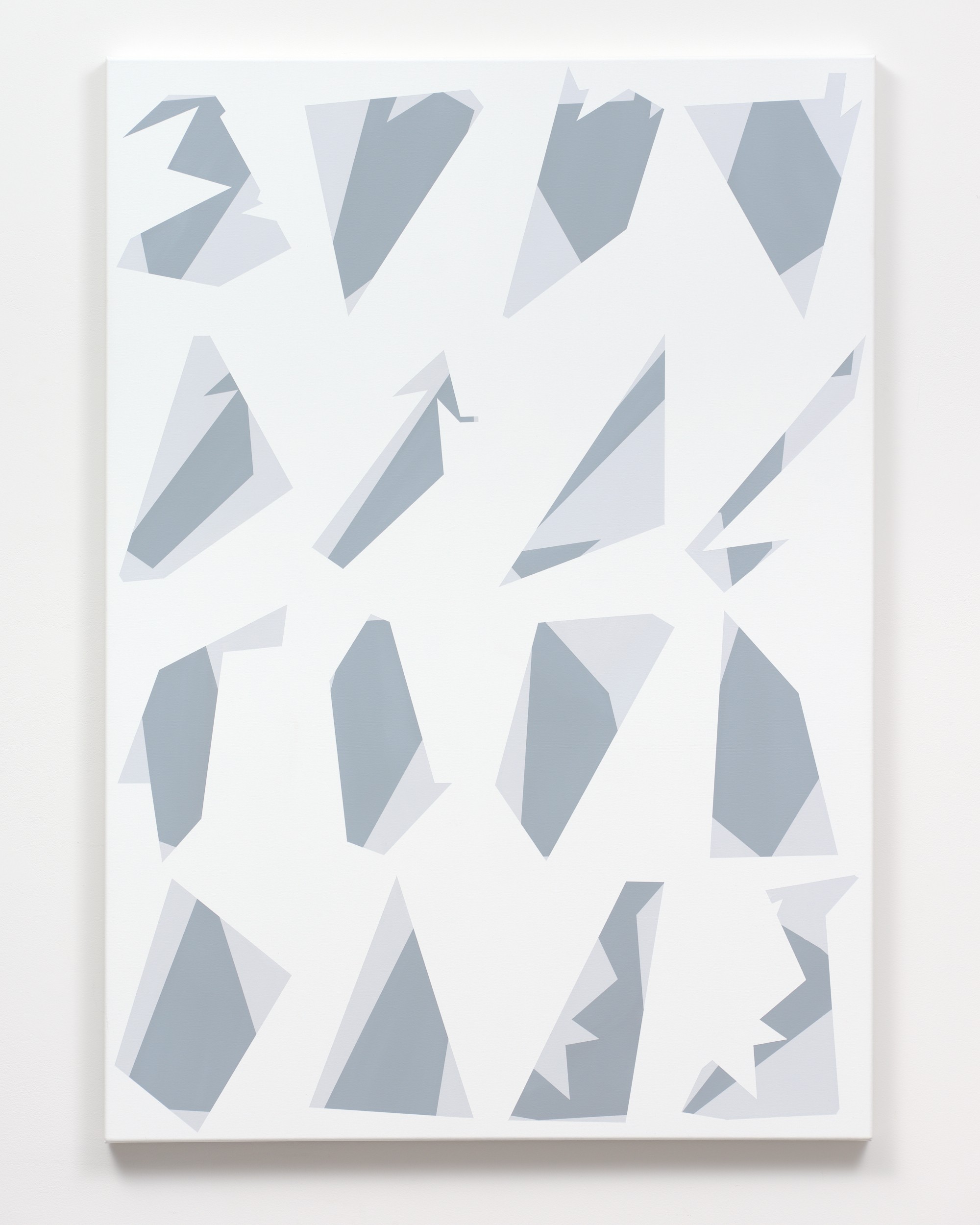 Painting of a grid of abstract polygon forms in greys and white. 