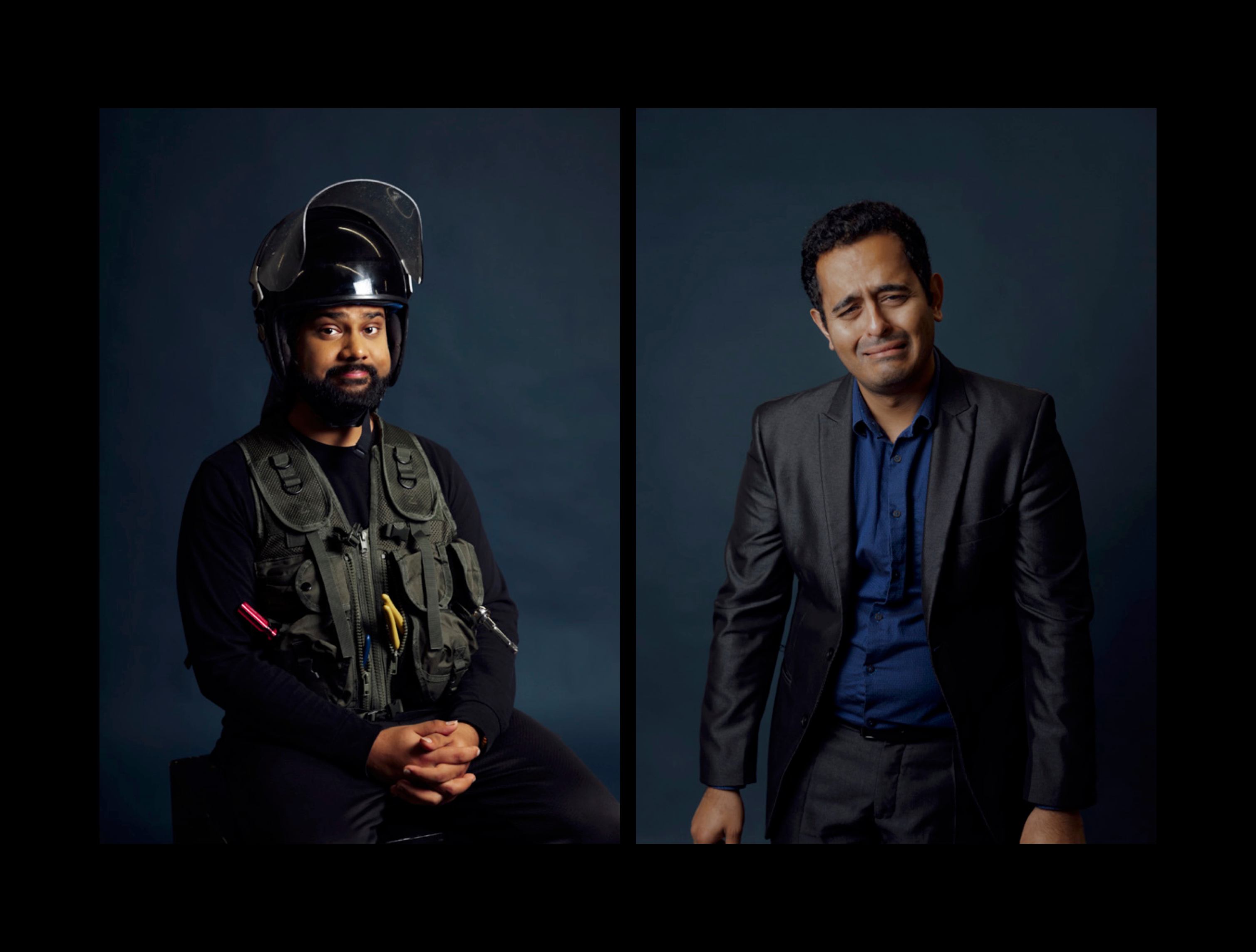 Photographs of two actors, one wearing a helmet and vest, the other pulling a face.