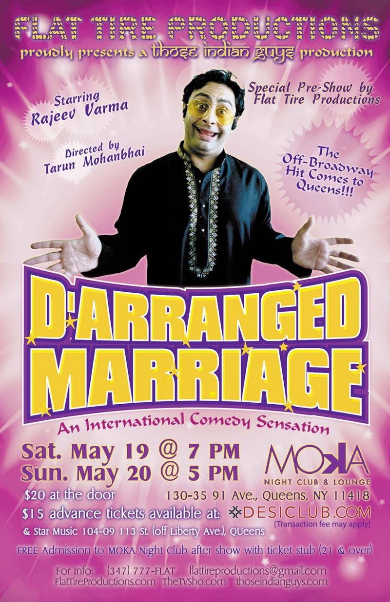 Rajeev Varma wearing a kurta, on a pink, yellow and purple show poster for 'DArranged Marriage'