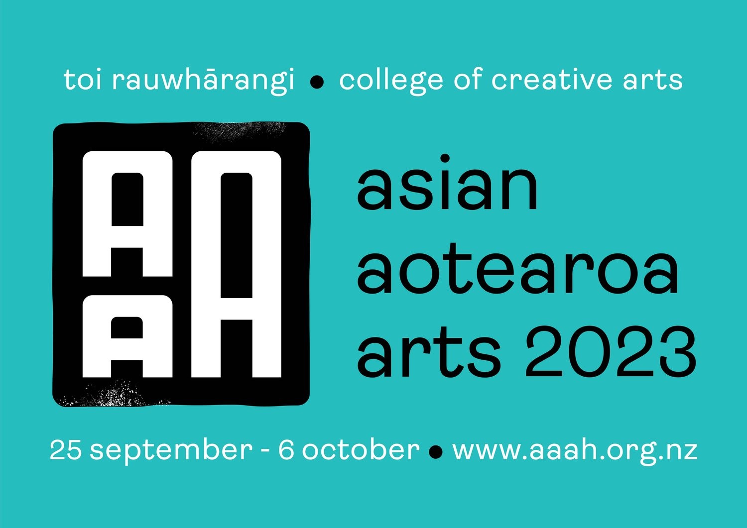 Black AAA logo and arts hui dates on a teal background.
