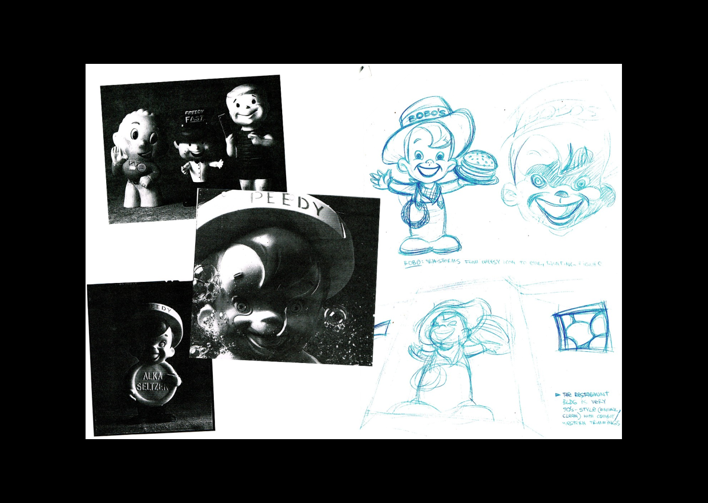Inspiration photographs pasted onto a page with sketches of a character for a burger chain.