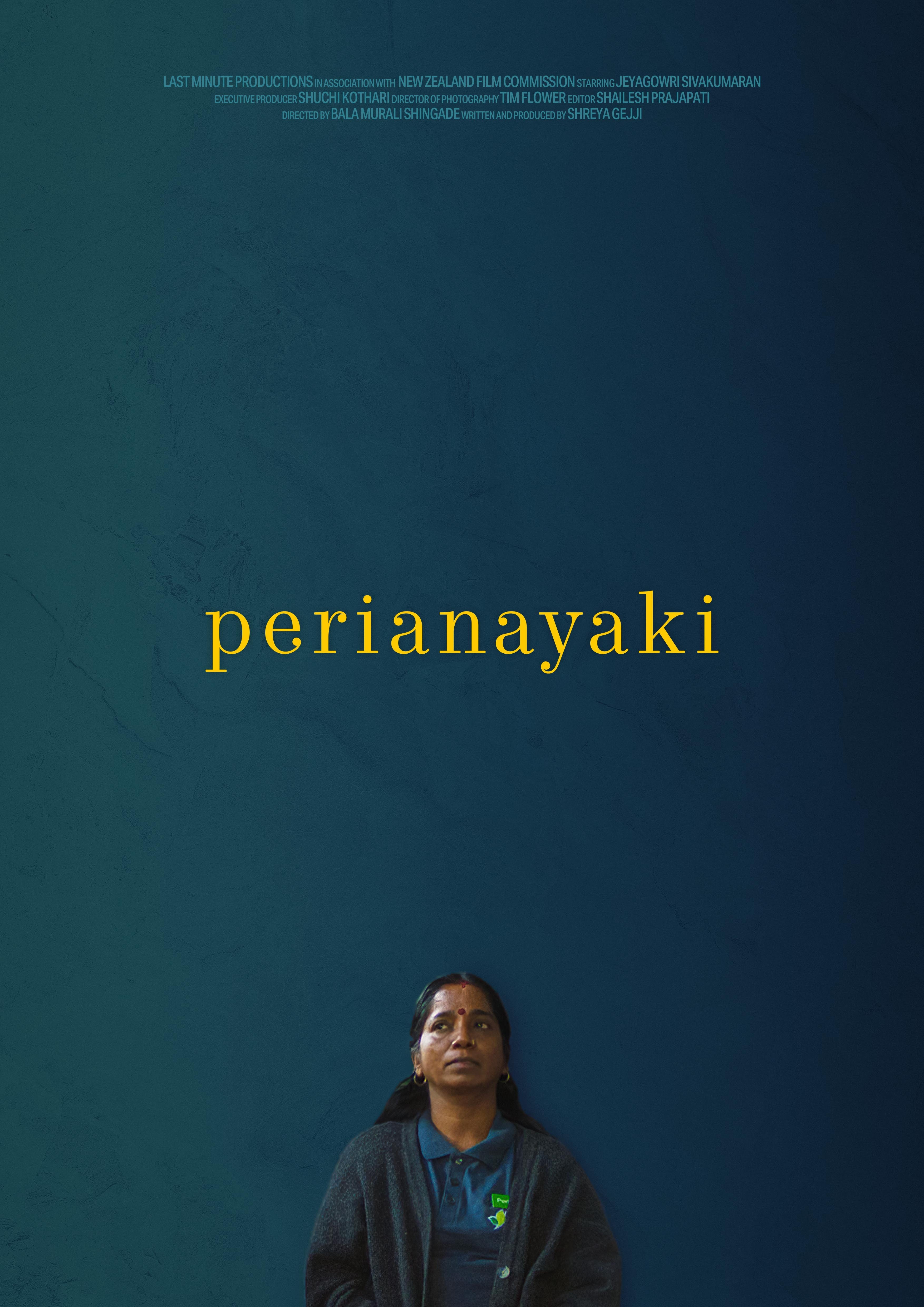 A film poster for Perianayaki, featuring a woman in a dark sweater and blue shirt gazing upward against a textured dark blue background, with the title prominently displayed in yellow text.