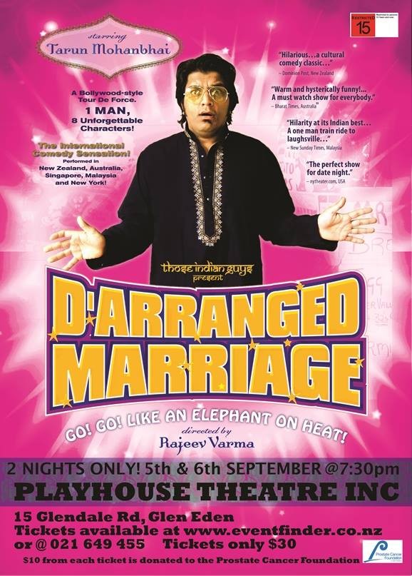 Tarun Mohanbhai wearing a kurta, on a pink, yellow and purple show poster for 'DArranged Marriage'