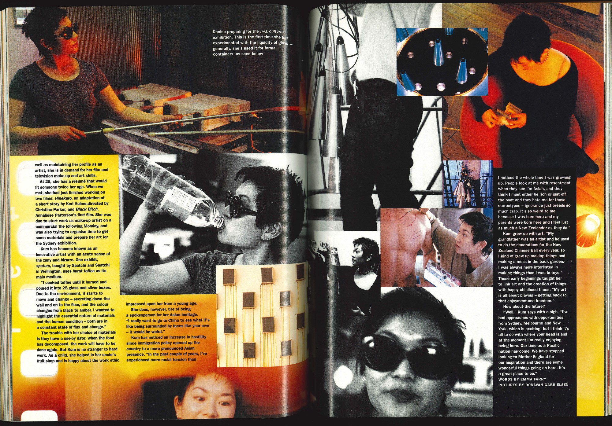 Collage-style magazine spread with black and white and highly saturated colour photographs of Denise Kum making art.