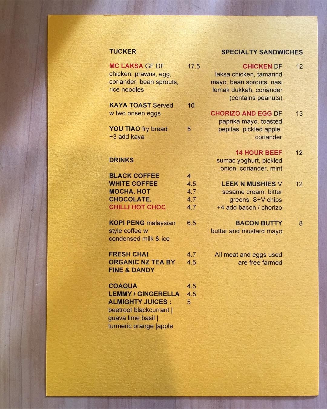 Printed menu on yellow card