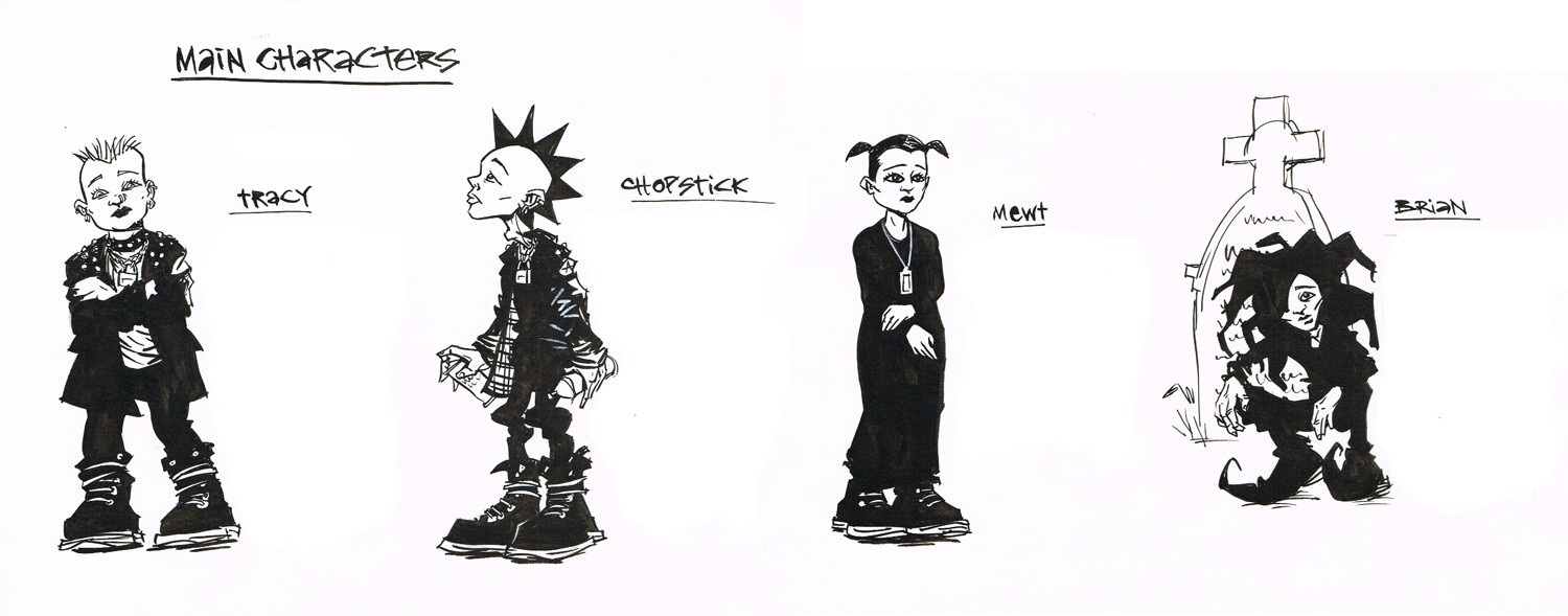 Various character sketches in black ink.