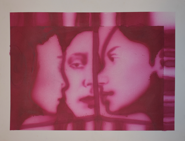 A pink painting of the a face reflected three times