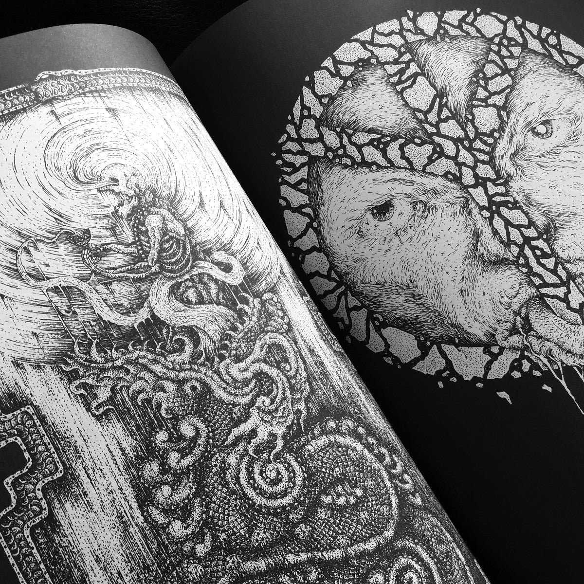 Page spreads of a zine featuring white abstract illustrations on black paper. The illustrations have a morbid tone to them.   