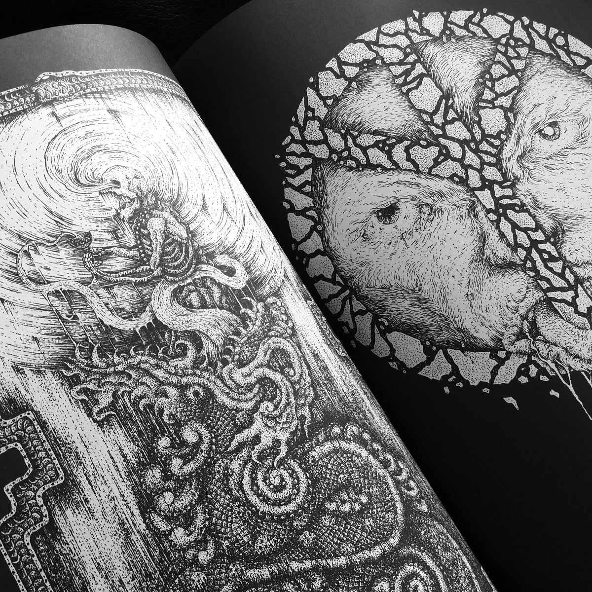 Page spreads of a zine featuring white abstract illustrations on black paper. The illustrations have a morbid tone to them.
