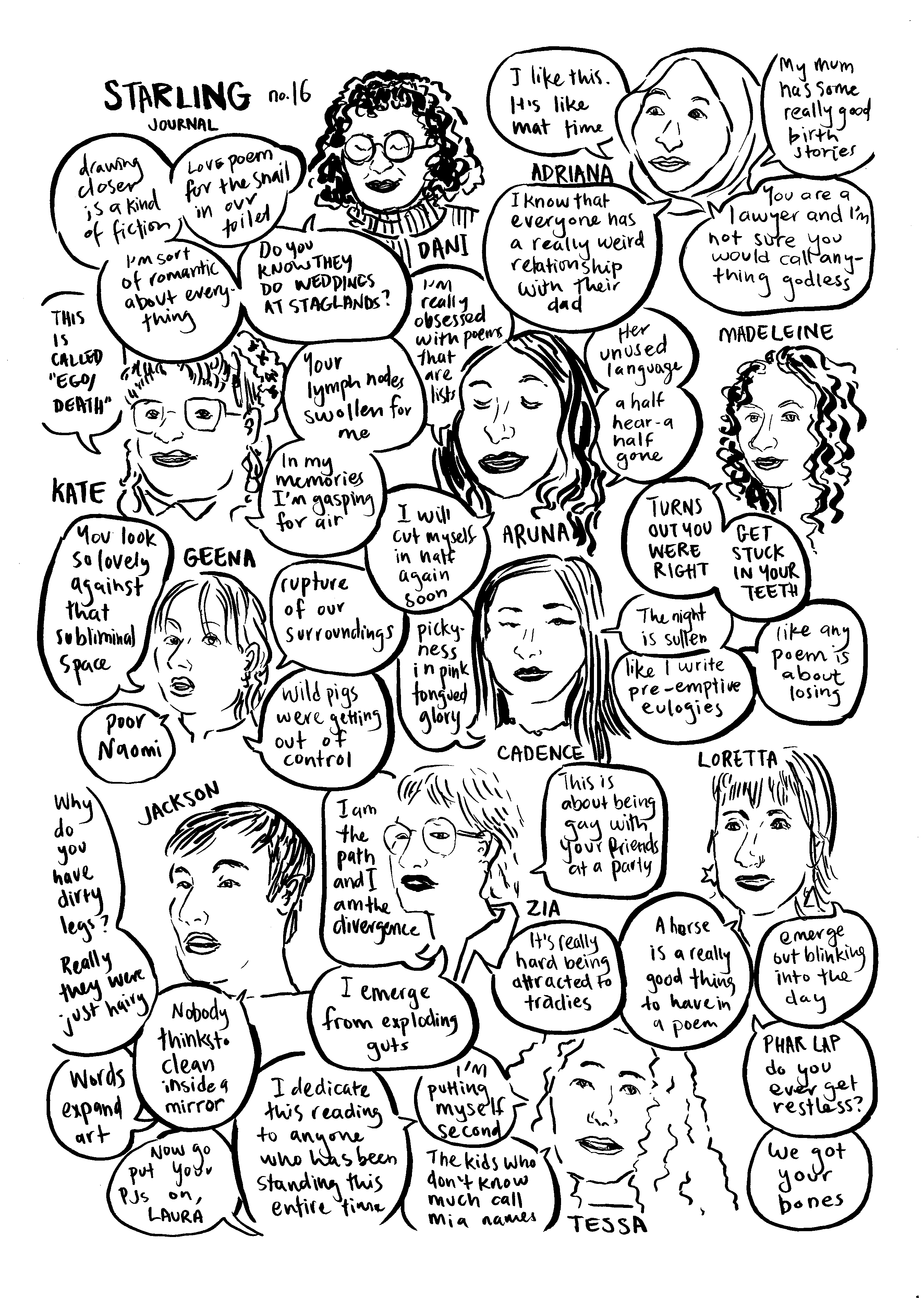 Comic-style drawing documenting an event with portraits of the speakers and speech bubbles with quotes.