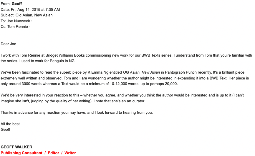 Screen shot of an email expressing interest to an author to expand an eassy into a book for a publishing house