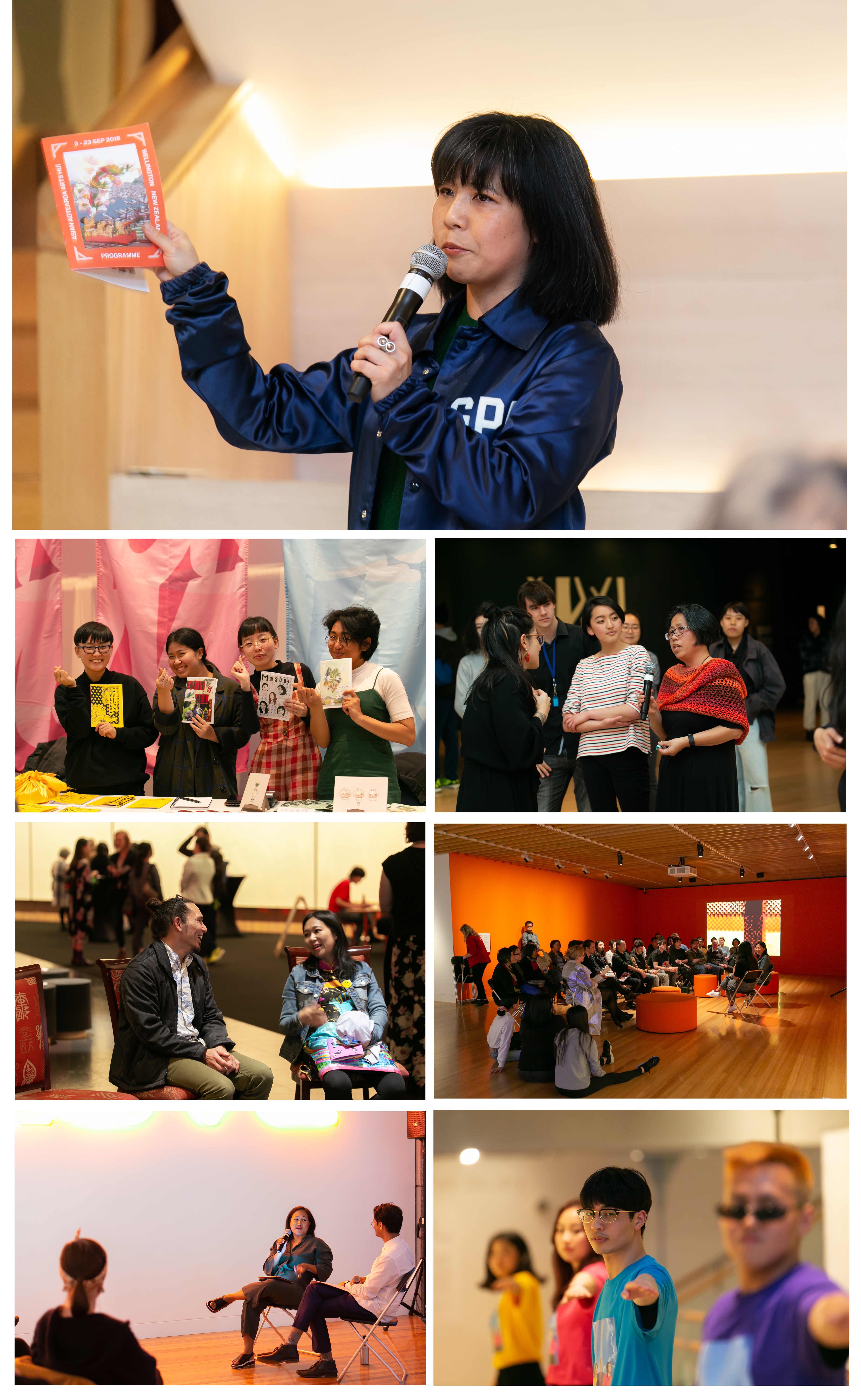 A grid of photographs of people speaking, holding zines, dancing and having conversations in a museum.