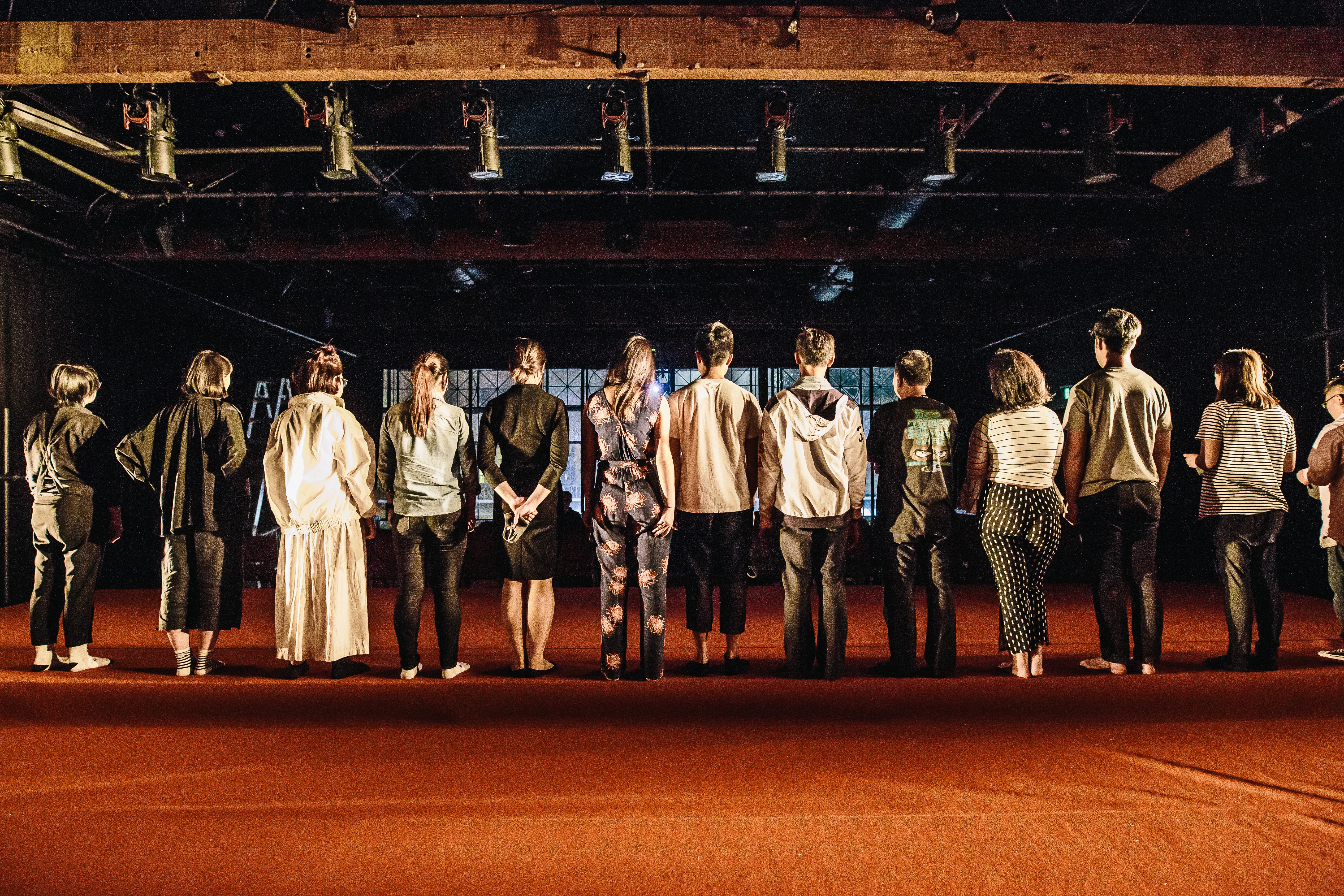 A group of people standing in a line with their backs to the camera, on a red carpet