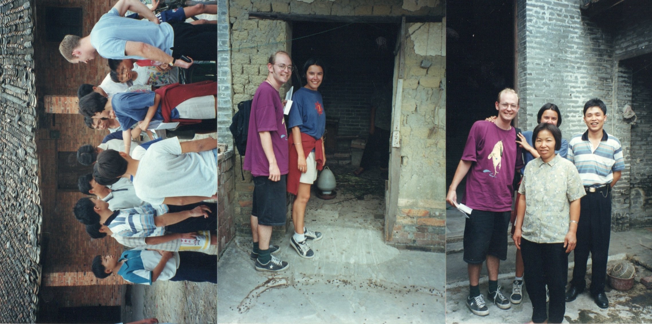 Three images of people standing outside different buildings