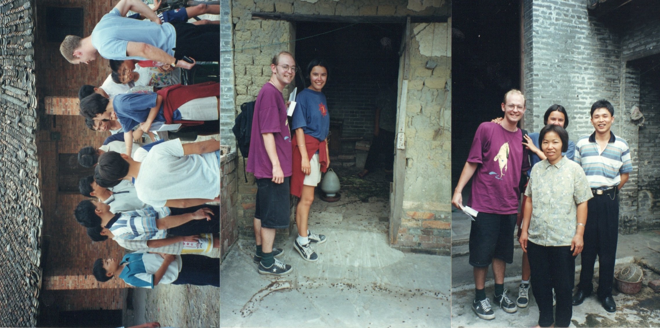 A series of three images of people standing in front of houses