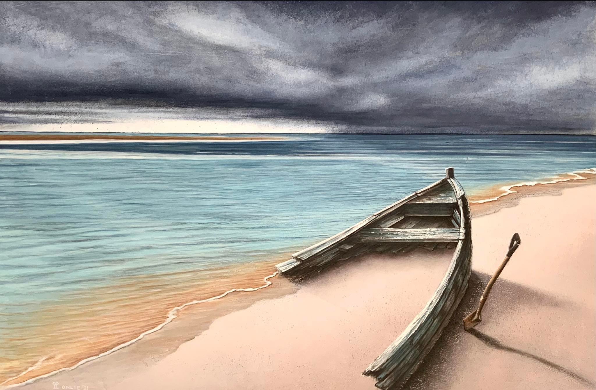 Painting of a boat half buried in the sand by the ocean