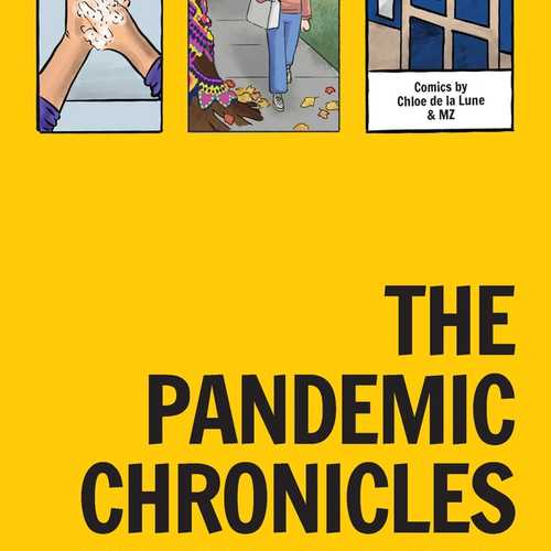 Black text on a yellow background with comic illustrations up the top.