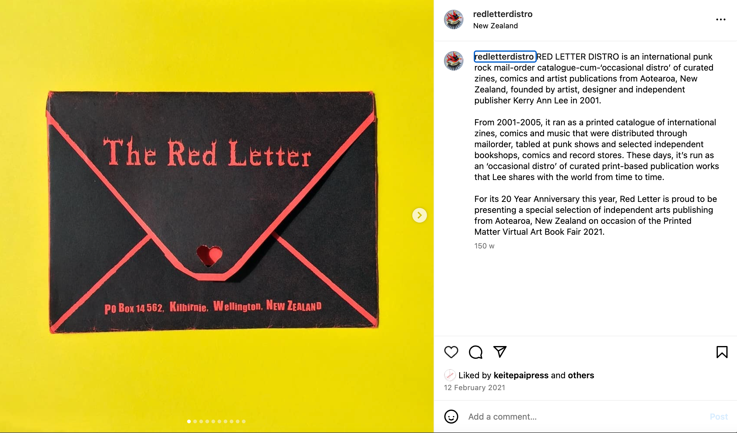 A black envelope with red accents and "Red Letter Distro" written in red on a yellow background