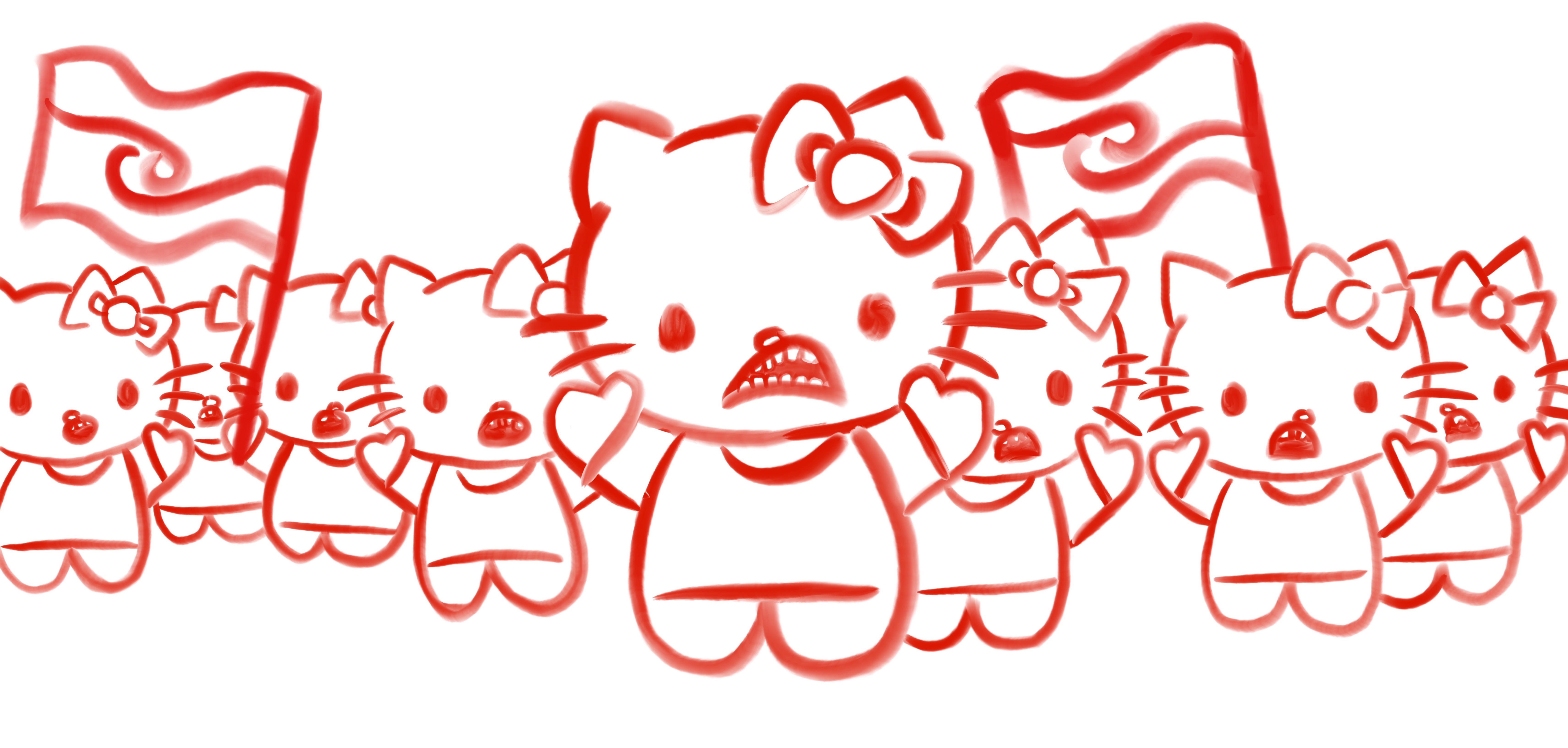 Hello Kitties baring their teeth while waving flags