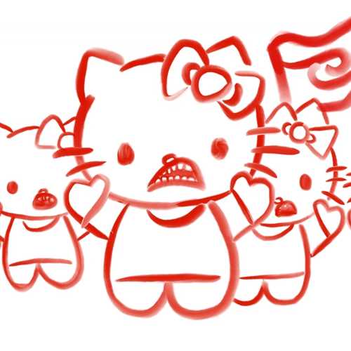 Hello Kitties baring their teeth while waving flags