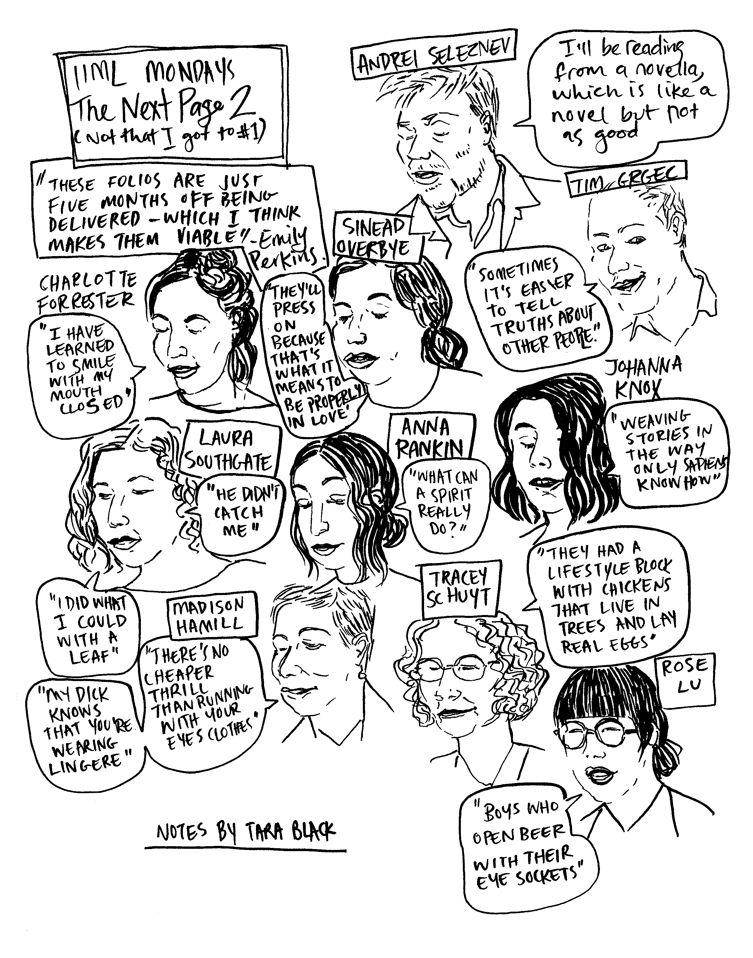 Comic-style drawing documenting an event with portraits of the speakers and speech bubbles with quotes.