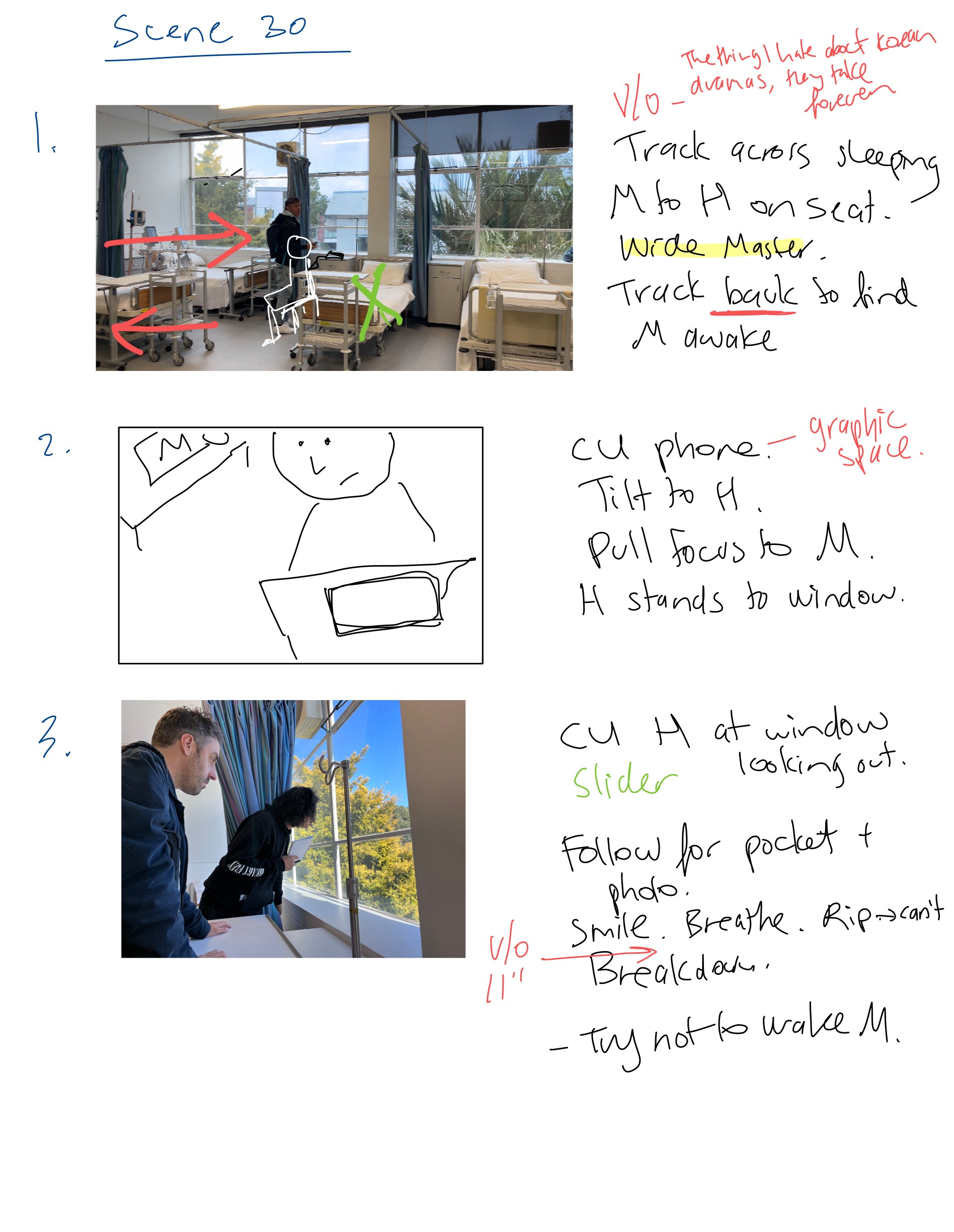 Three-panel storyboard showing filming notes: actors by a window with a hospital bed, handwritten instructions, and a sketched camera setup; bottom panel shows a person looking out the window.