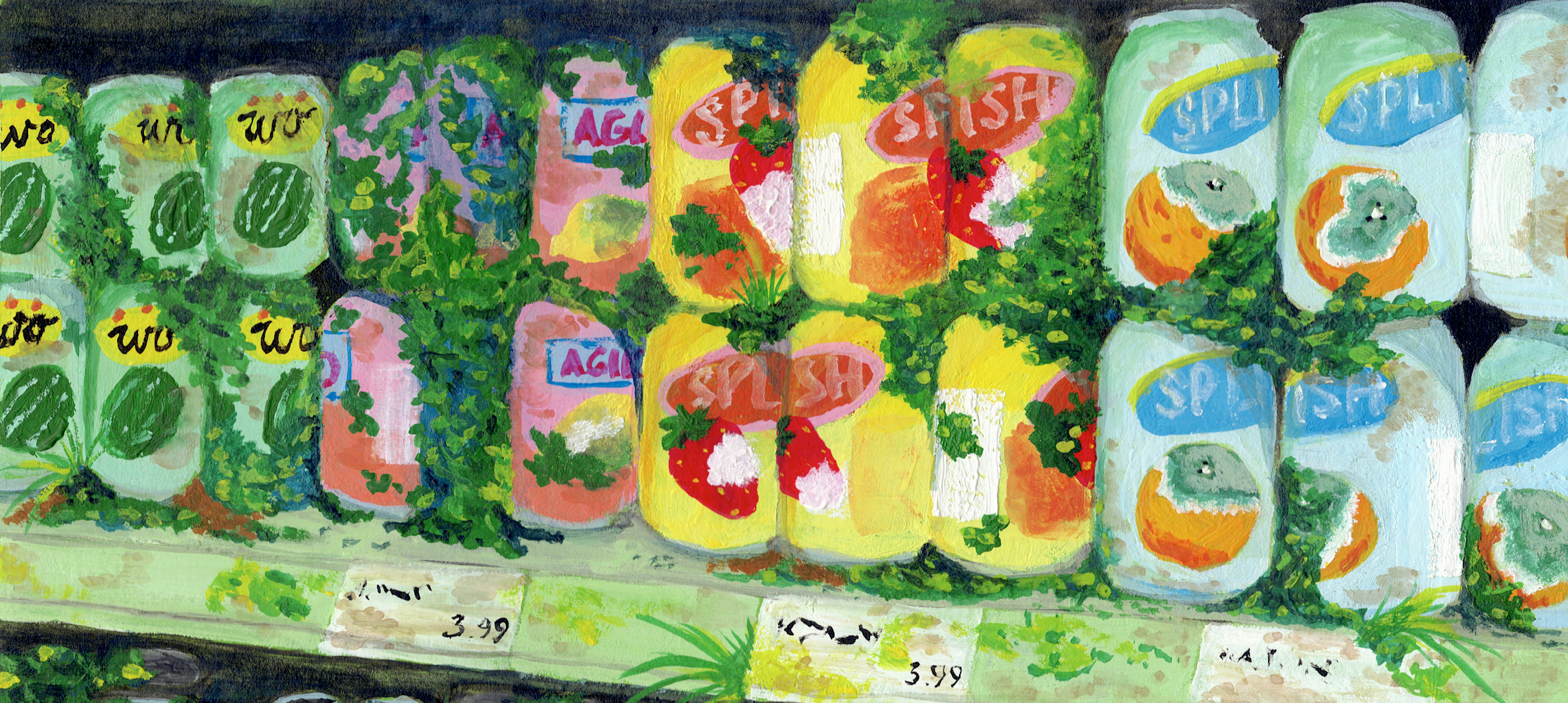 Colourful gouache painting of drink cans on a grocery store shelf, with overgrown plants around them.