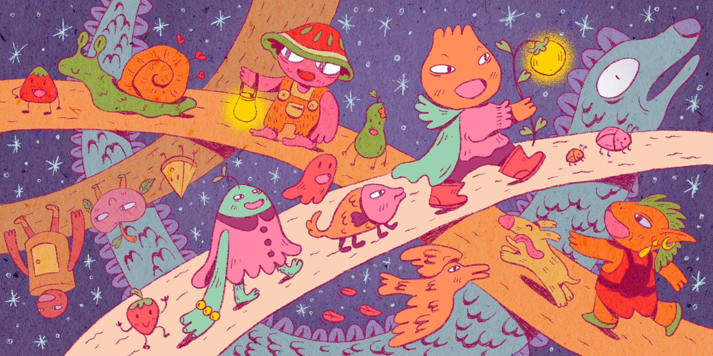 Colourful illustration of imagined creatures walking many paths.