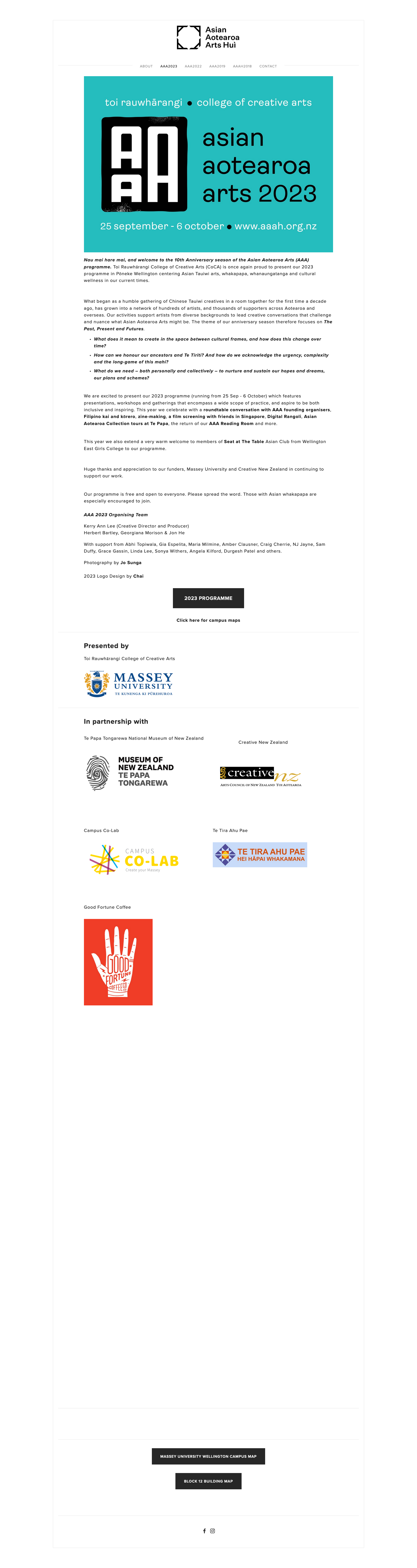 Screenshot of a webpage with information about the 2023 Asian Aotearoa Arts Hui.