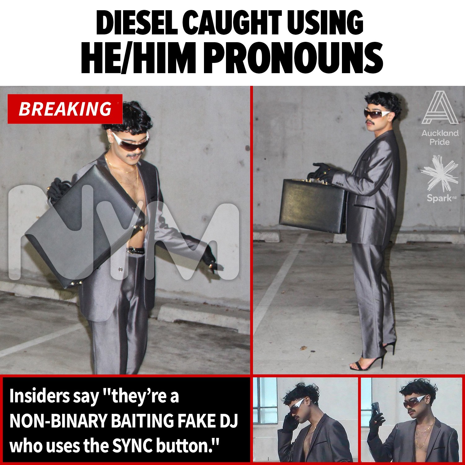 A layout made to resemble a trashy tabloid magazine featuring a person in various paparazzi shots wearing a grey suit with heels and holding a brief case