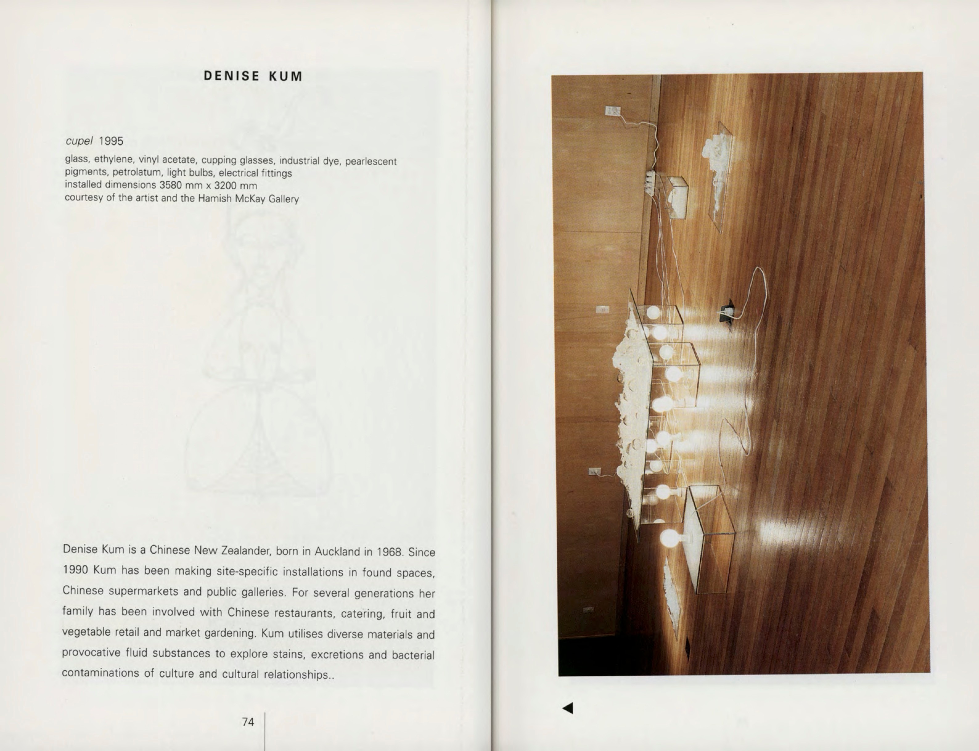 Scan of a double page spread with an artist bio on the left page and a photograph of artwork on the right.