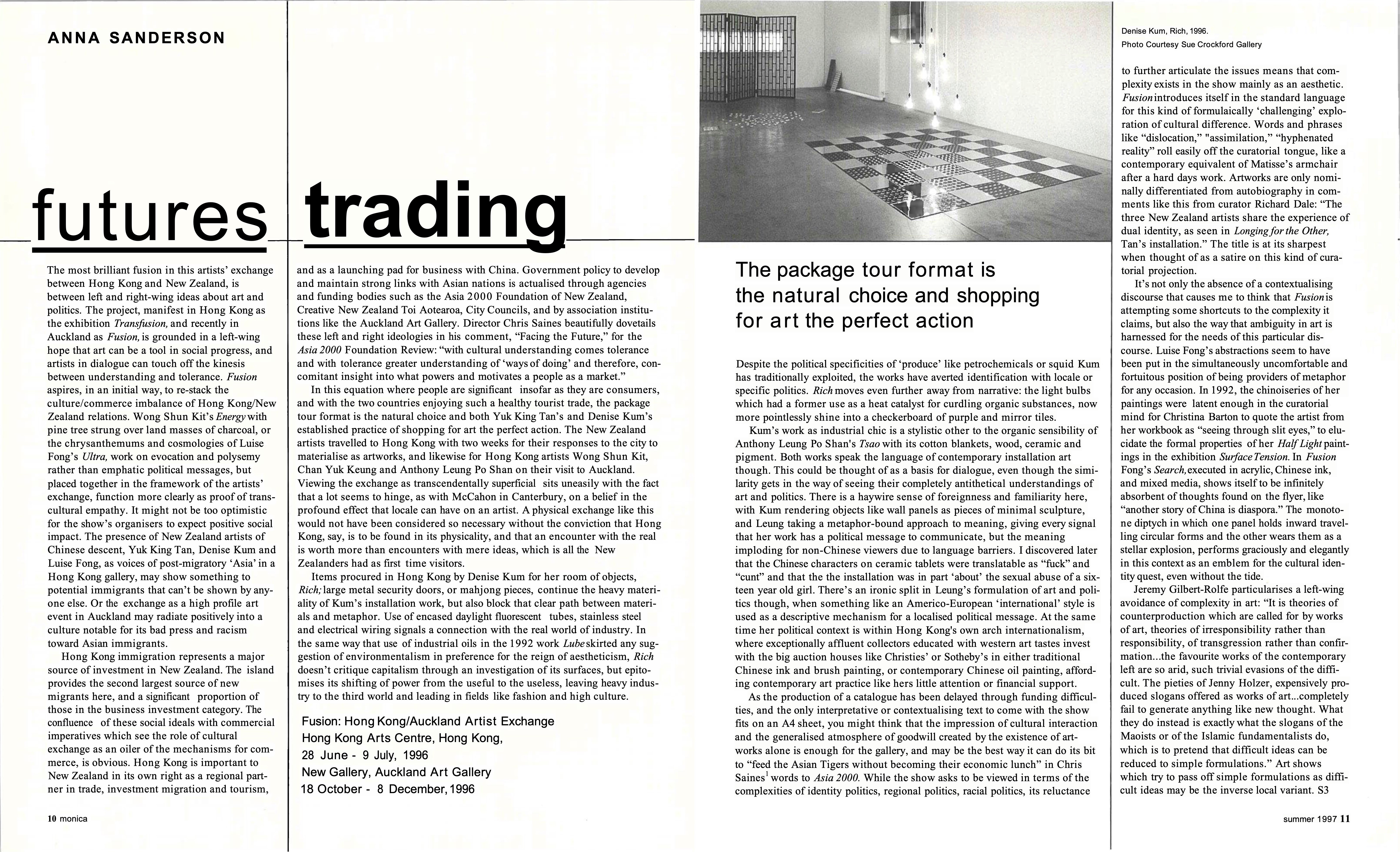 Black and white magazine spread with text and a photo of an exhibition.
