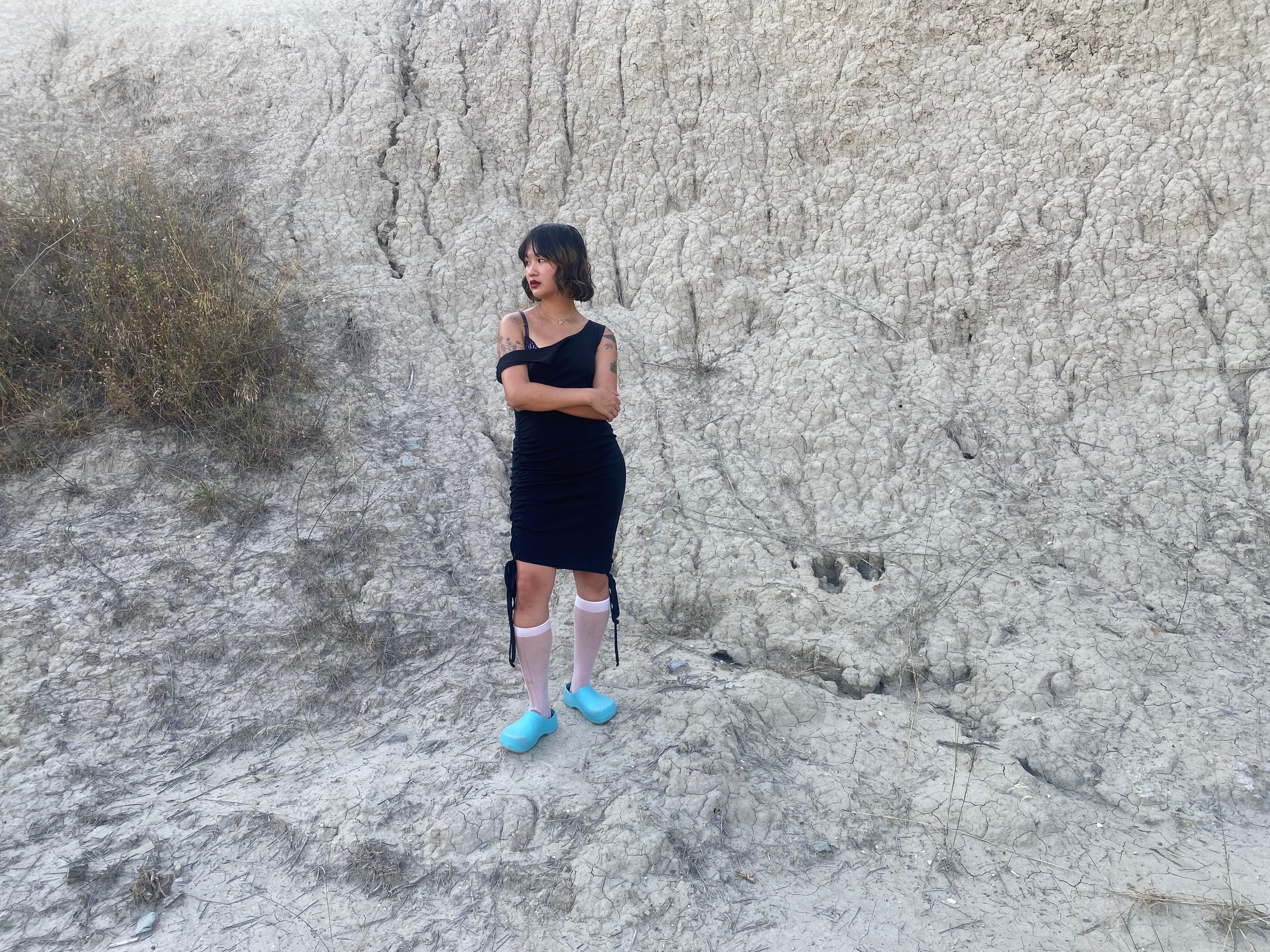 A woman in a black dress stands on a rock