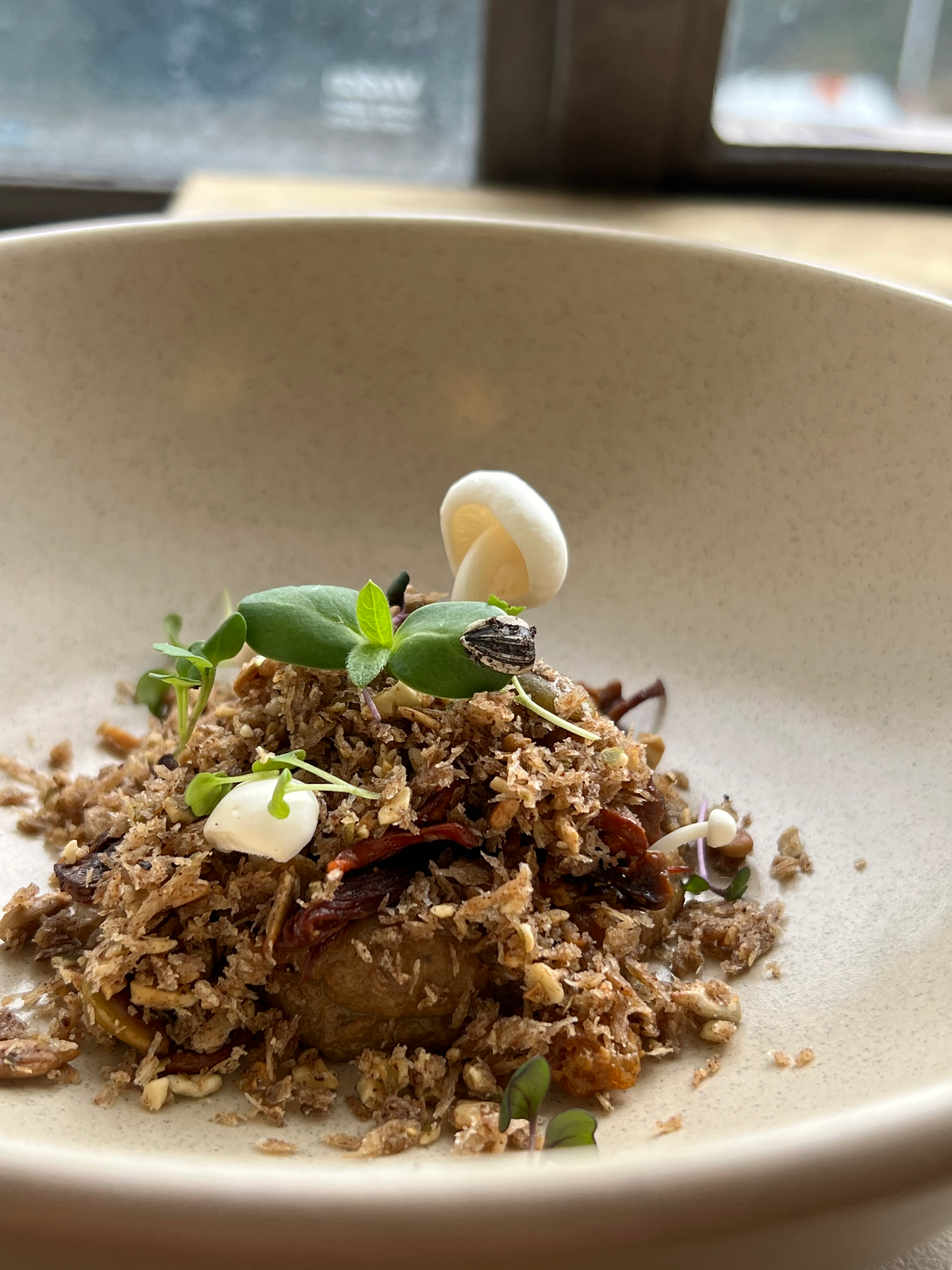 A bowl with a mound of ingredients and little mushrooms growing out of it