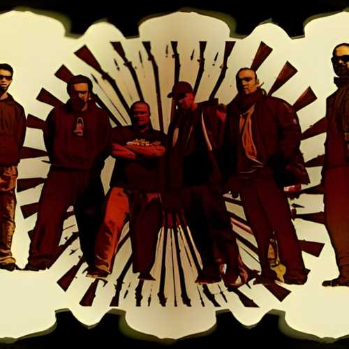 Graphic with an cartoon-like manipulated photo of six band members in front of a swirling pattern.
