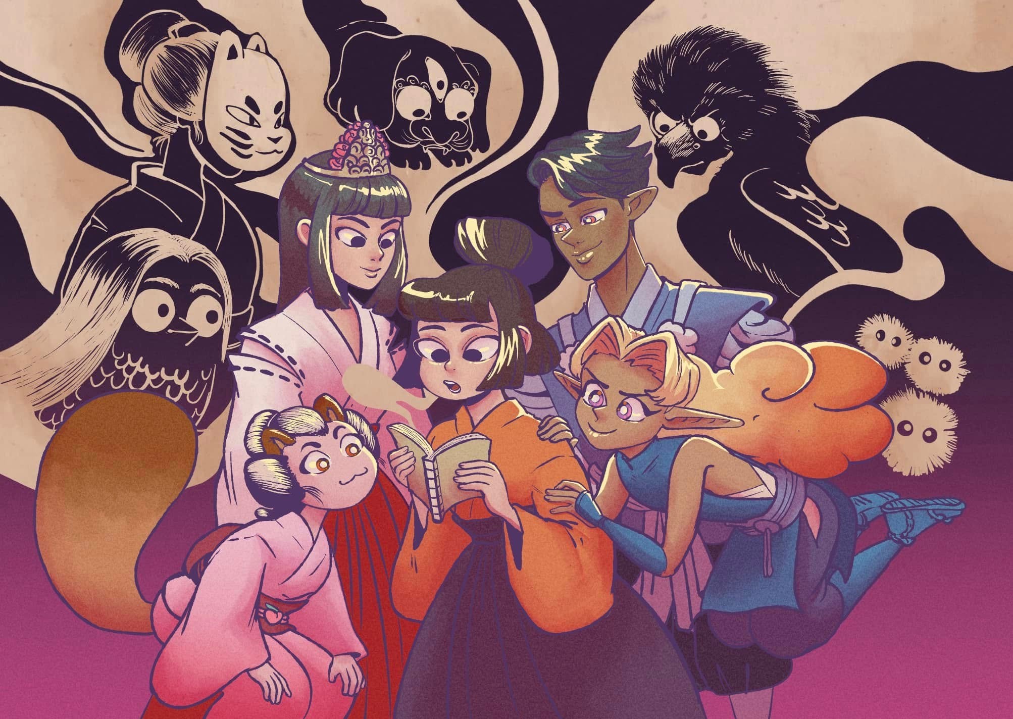 A colourful, cartoon-style drawing of various Japanese spirits and characters.