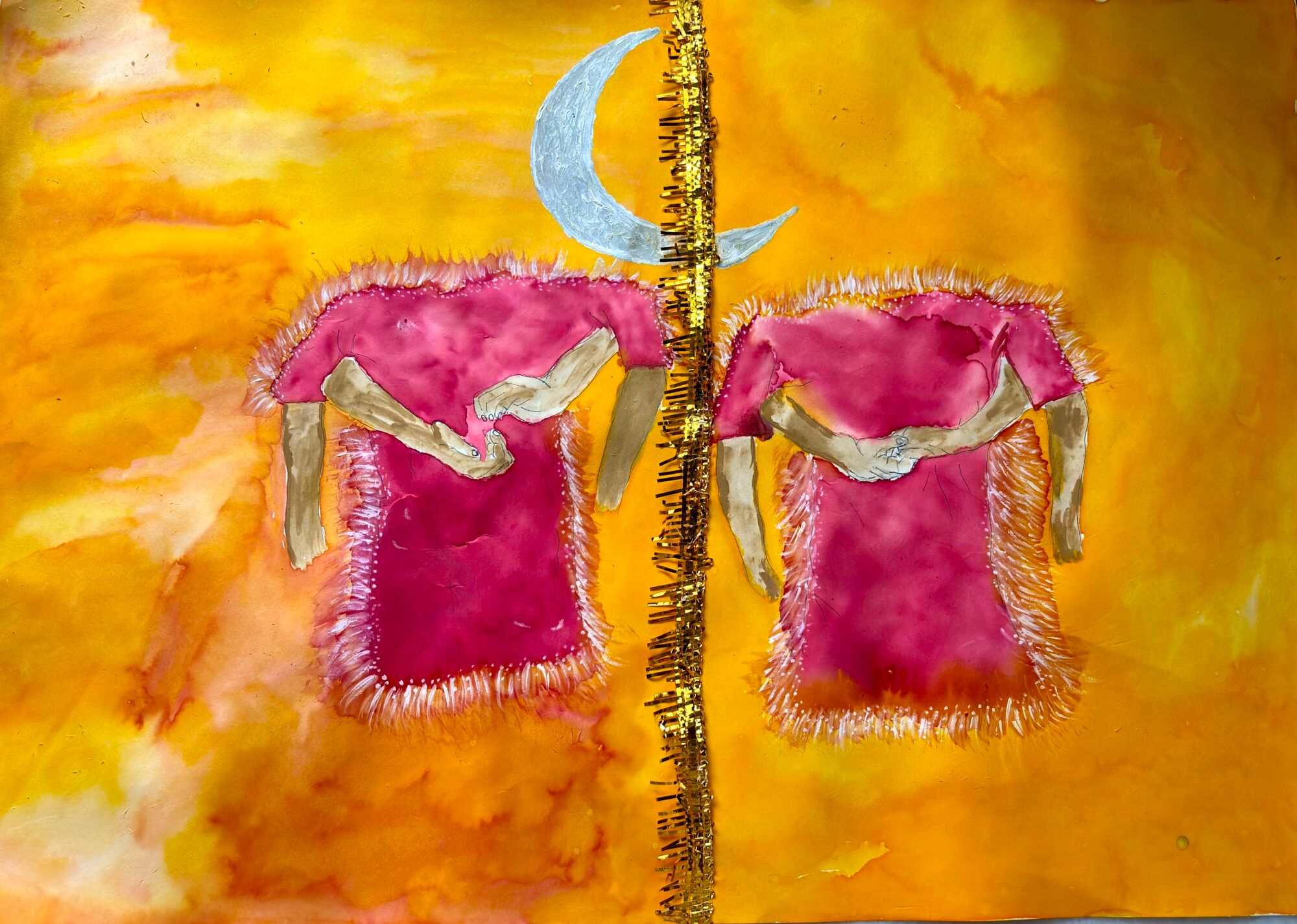 watercolour of two shirts against an orange background with hands wrapped around them