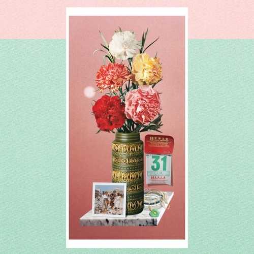 An illustration of a vase with flowers in it, a photo leans against the vase while there is a chinese calender in the background.