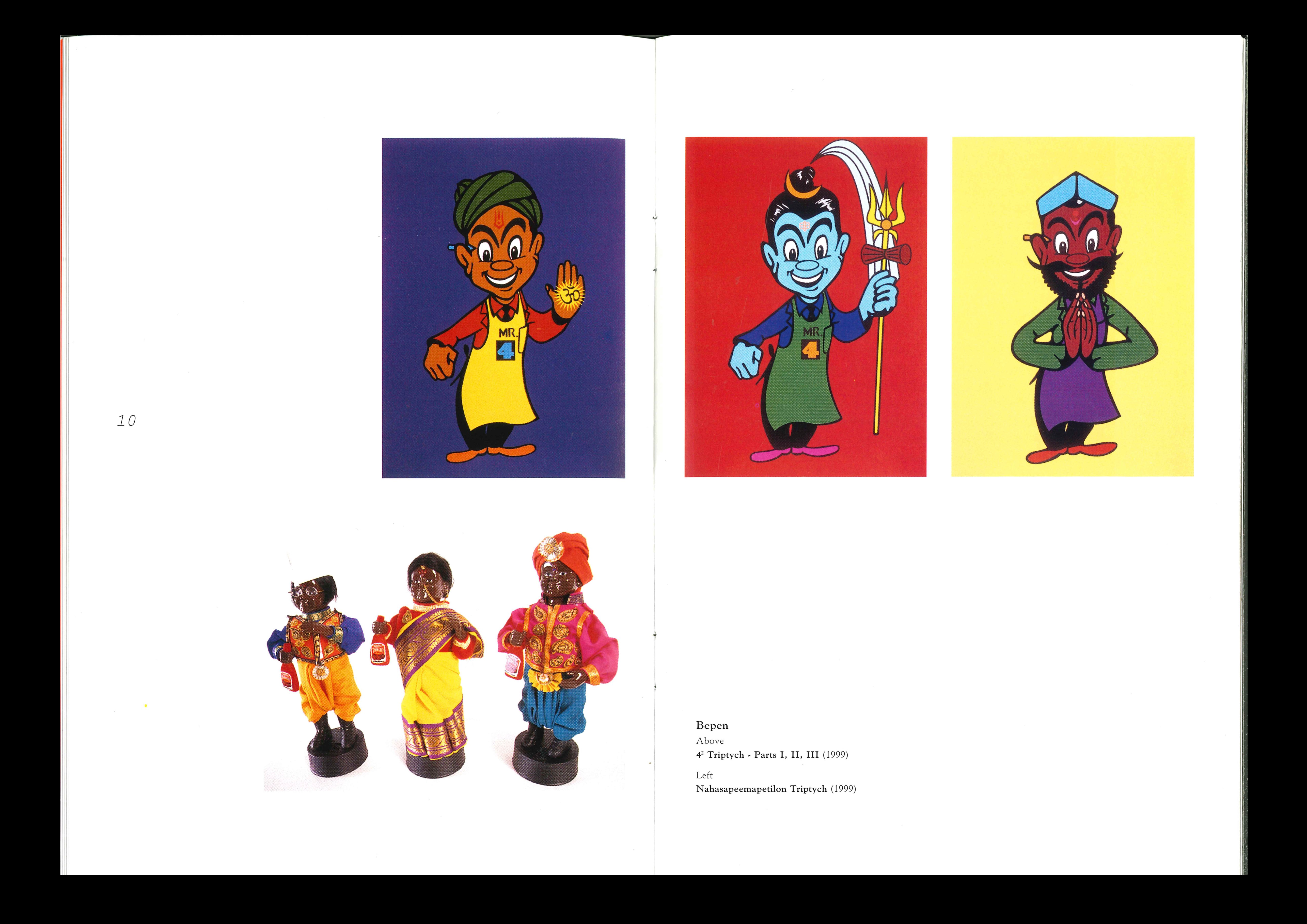 Colourful adaptions of the Four Square man with stereotypical Indian features added, alongside a set of three 'Indian' dolls.