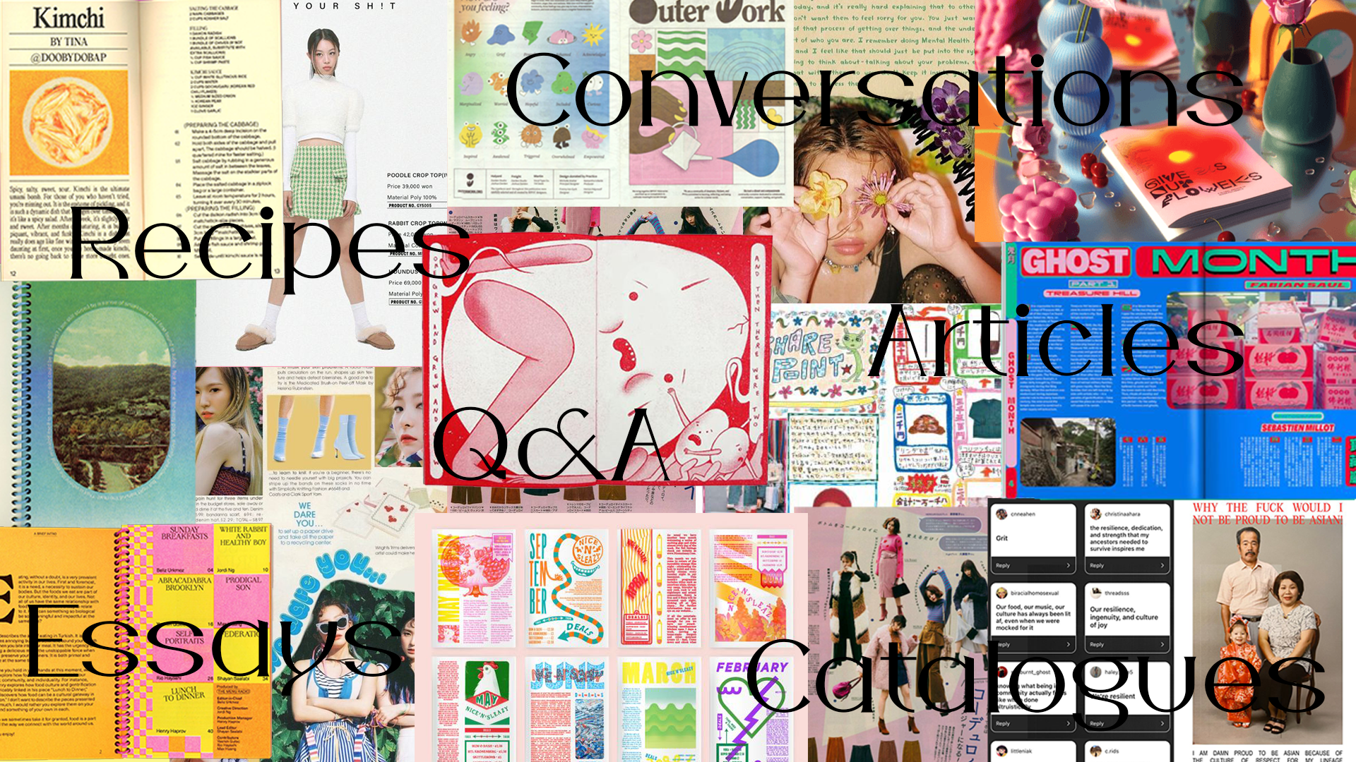 Several different editorial page layout and spread options in various design styles and colours. 